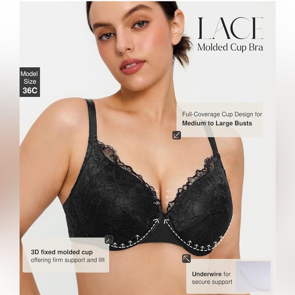 Popilush Lace Minimizer Underwire Bra Full Coverage Push Up Black 34C NEW - Picture 2 of 6
